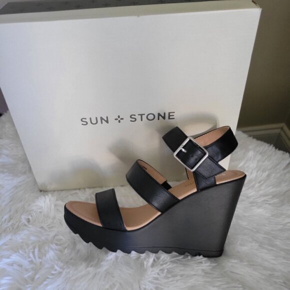 Sun + Stone Black Wedge  Siennaa Sandals With Adjustable Straps- 8M - Picture 1 of 7